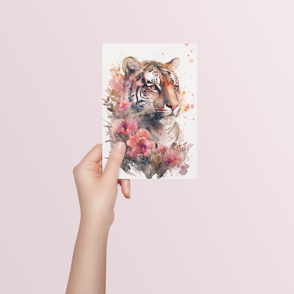 Floral Tiger Watercolor Wall Art Illustration Print Poster Card Unframed - Picture 5 of 6